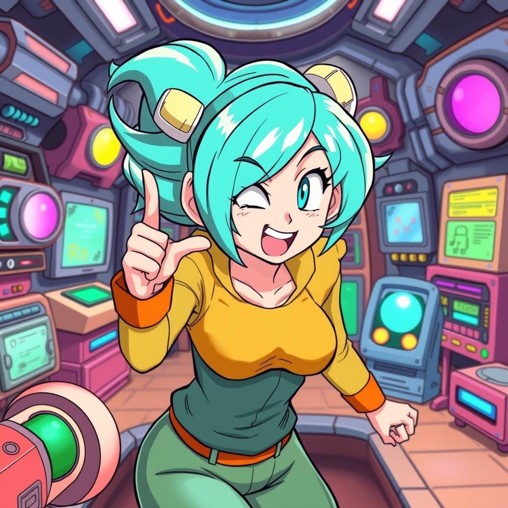 A dynamic and vibrant illustration of Bulma from Dragon Ball, depicted in a playful and cheeky pose, with humorous expressions and exaggerated features characteristic of anime style