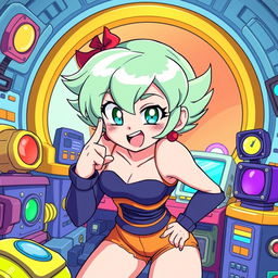 A dynamic and vibrant illustration of Bulma from Dragon Ball, depicted in a playful and cheeky pose, with humorous expressions and exaggerated features characteristic of anime style