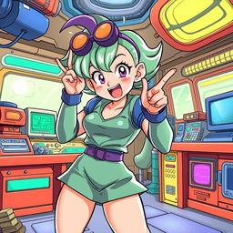 A dynamic and vibrant illustration of Bulma from Dragon Ball, depicted in a playful and cheeky pose, with humorous expressions and exaggerated features characteristic of anime style