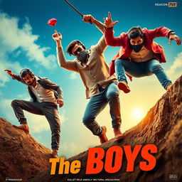 A dynamic and humorous close-up cinematic poster titled 'The Boys' showcasing three 27-year-old modern Indian men engaged in a comedic chase for a small red diamond magical ring