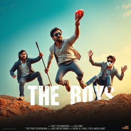 A dynamic and humorous close-up cinematic poster titled 'The Boys' showcasing three 27-year-old modern Indian men engaged in a comedic chase for a small red diamond magical ring