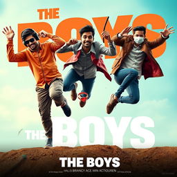 A dynamic and humorous close-up cinematic poster titled 'The Boys' showcasing three 27-year-old modern Indian men engaged in a comedic chase for a small red diamond magical ring