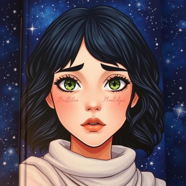 A mesmerizing book cover featuring the main character with medium wavy black hair, fair skin, well-defined lips, a slightly upturned nose, striking green eyes, long eyelashes, a fringe, and subtle freckles