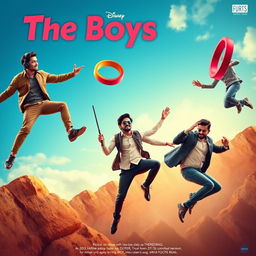 A cinematic funny poster titled 'The Boys', featuring three 27-year-old Indian modern men in a vibrant, dynamic scene