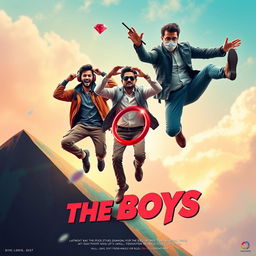 A cinematic funny poster titled 'The Boys', featuring three 27-year-old Indian modern men in a vibrant, dynamic scene