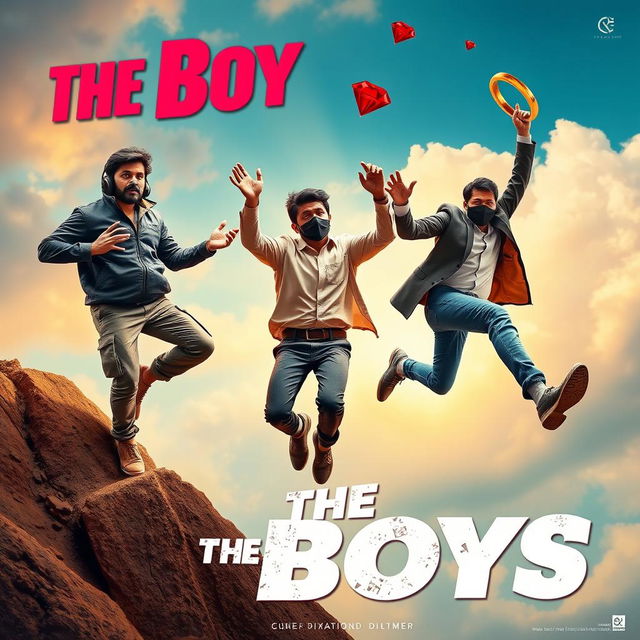 A cinematic funny poster titled 'The Boys', featuring three 27-year-old Indian modern men in a vibrant, dynamic scene