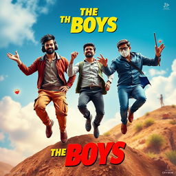 A cinematic funny poster titled 'The Boys', featuring three 27-year-old Indian modern men in a vibrant, dynamic scene