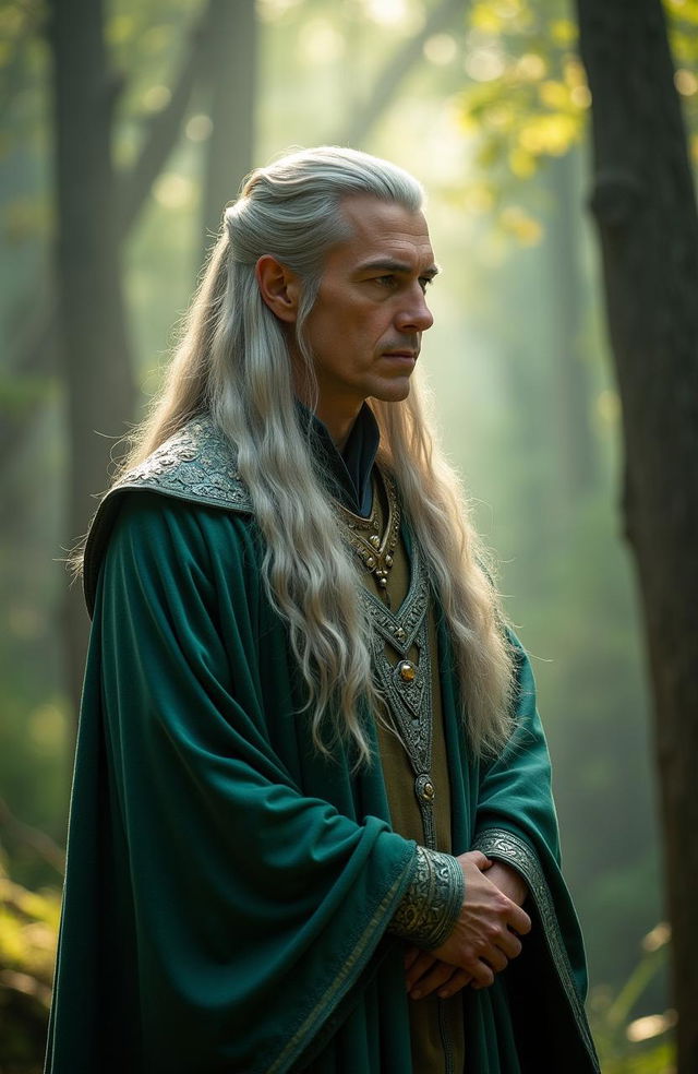 A high-resolution live-action portrait of Celeborn, the elven lord from the Lord of the Rings, depicted in his 30s