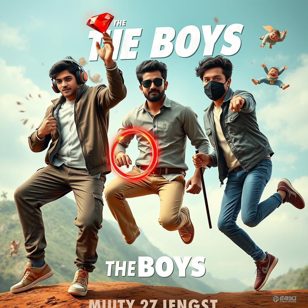 A cinematic funny poster titled 'The Boys' featuring three 27-year-old Indian modern men, each with distinct traits and outfits