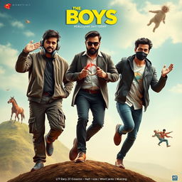 A cinematic funny poster titled 'The Boys' featuring three 27-year-old Indian modern men, each with distinct traits and outfits