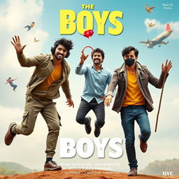 A cinematic funny poster titled 'The Boys' featuring three 27-year-old Indian modern men, each with distinct traits and outfits