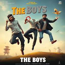 A cinematic funny poster titled 'The Boys' featuring three 27-year-old Indian modern men, each with distinct traits and outfits