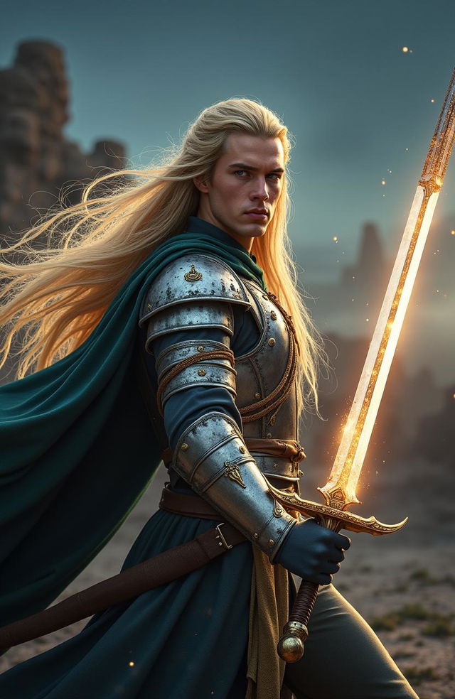 A hyper-realistic live-action depiction of Glorfindel, the majestic elf from Tolkien's lore, wielding a sword in a dynamic and powerful pose