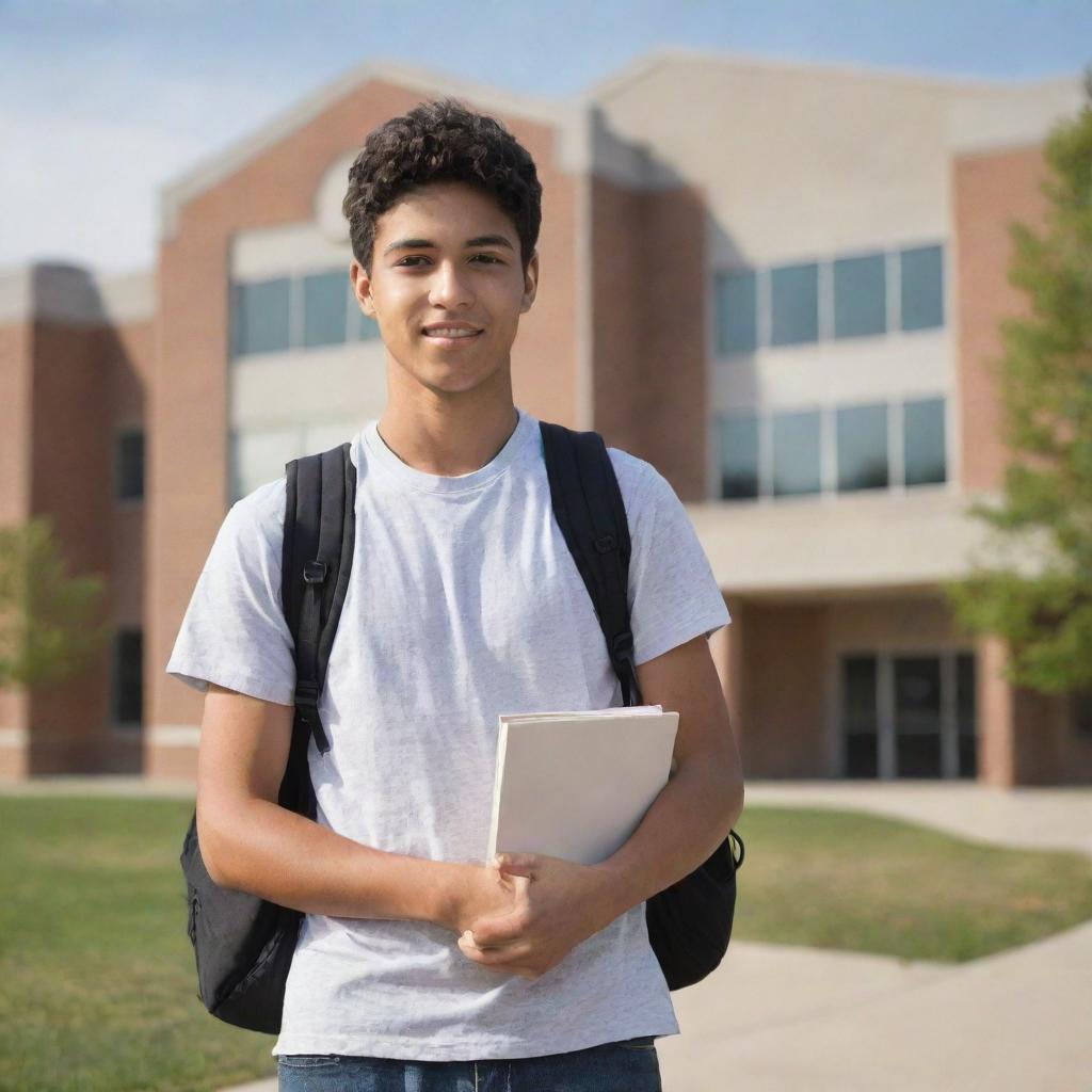 A high school student with a backpack, standing in front of a school building, holding a book.