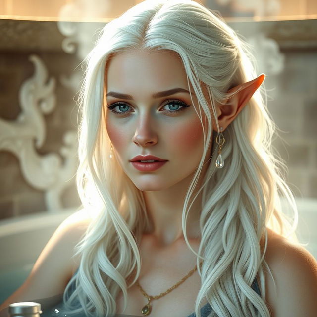 A captivating portrait of Saphira Lunaris, a half-elf in her late 30s with an ageless beauty