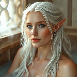 A captivating portrait of Saphira Lunaris, a half-elf in her late 30s with an ageless beauty