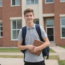 A high school student with a backpack, standing in front of a school building, holding a book.