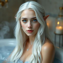 A captivating portrait of Saphira Lunaris, a half-elf in her late 30s with an ageless beauty