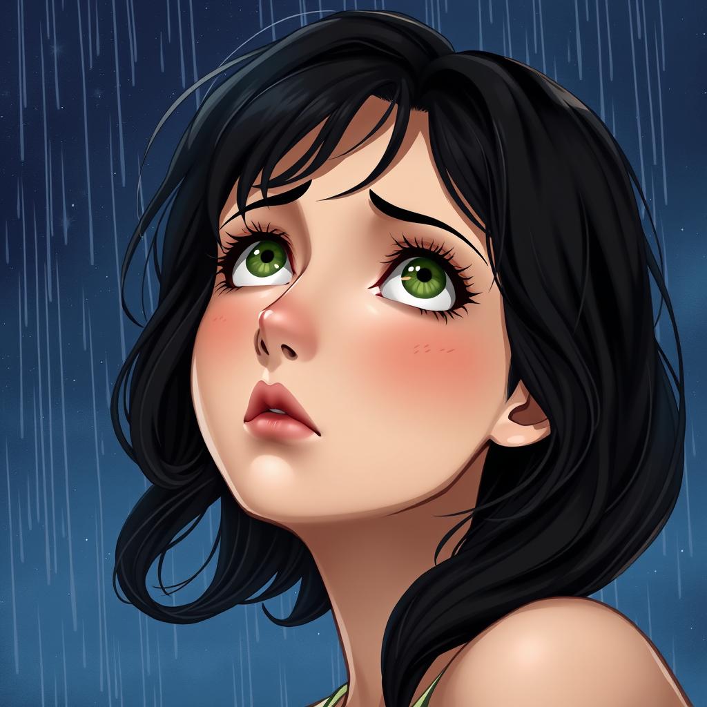 A realistic character portrait of the main character with medium wavy black hair, fair skin, well-defined lips, a slightly upturned nose, striking green eyes, long eyelashes, a fringe, and subtle freckles