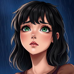 A realistic character portrait of the main character with medium wavy black hair, fair skin, well-defined lips, a slightly upturned nose, striking green eyes, long eyelashes, a fringe, and subtle freckles