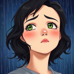 A realistic character portrait of the main character with medium wavy black hair, fair skin, well-defined lips, a slightly upturned nose, striking green eyes, long eyelashes, a fringe, and subtle freckles