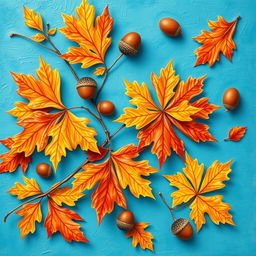 A beautiful and vibrant wallpaper design featuring large oak autumn leaves and acorns artfully arranged on a bright blue background