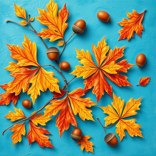 A beautiful and vibrant wallpaper design featuring large oak autumn leaves and acorns artfully arranged on a bright blue background