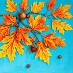 A beautiful and vibrant wallpaper design featuring large oak autumn leaves and acorns artfully arranged on a bright blue background