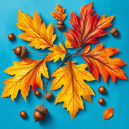 A beautiful and vibrant wallpaper design featuring large oak autumn leaves and acorns artfully arranged on a bright blue background