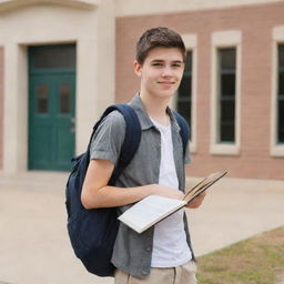 A high school student with a backpack, standing in front of a school building, holding a book.