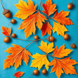 A beautiful and vibrant wallpaper design featuring large oak autumn leaves and acorns artfully arranged on a bright blue background