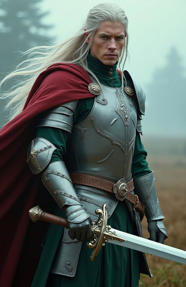 A hyper-realistic live-action portrayal of Haldir, the male elf from the Lord of the Rings, depicted in full armor with intricate elven designs