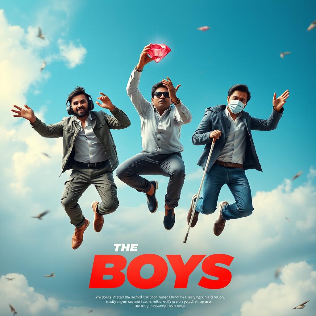 A humorous and cinematic poster titled 'The Boys', featuring three 27-year-old Indian modern men in various daring situations mid-air, all trying to catch a sparkling red diamond ring