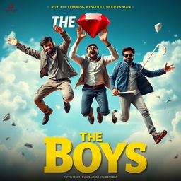 A humorous and cinematic poster titled 'The Boys', featuring three 27-year-old Indian modern men in various daring situations mid-air, all trying to catch a sparkling red diamond ring