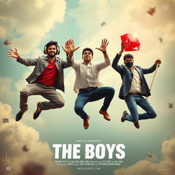 A humorous and cinematic poster titled 'The Boys', featuring three 27-year-old Indian modern men in various daring situations mid-air, all trying to catch a sparkling red diamond ring