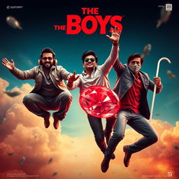 A humorous and cinematic poster titled 'The Boys', featuring three 27-year-old Indian modern men in various daring situations mid-air, all trying to catch a sparkling red diamond ring