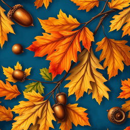 A beautiful and vibrant wallpaper design featuring two shades of large oak autumn leaves and acorns, set against a rich blue background