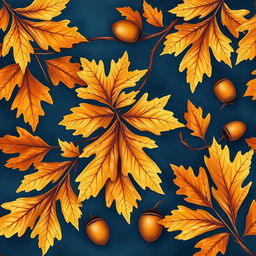 A beautiful and vibrant wallpaper design featuring two shades of large oak autumn leaves and acorns, set against a rich blue background