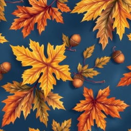 A beautiful and vibrant wallpaper design featuring two shades of large oak autumn leaves and acorns, set against a rich blue background