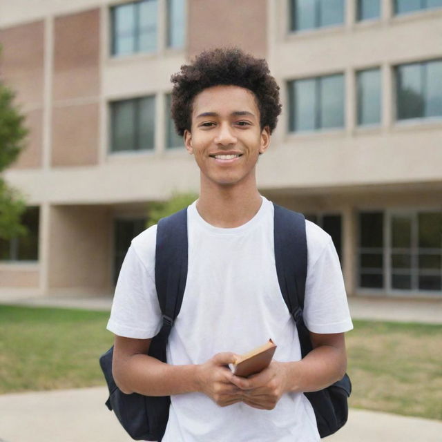 A high school student with a backpack, standing in front of a school building, holding a book.