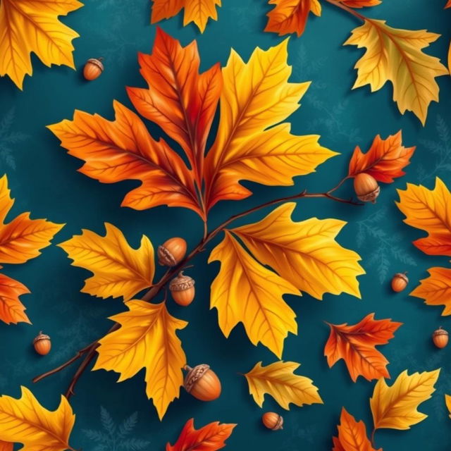 A beautiful and vibrant wallpaper design featuring two shades of large oak autumn leaves and acorns, set against a rich blue background