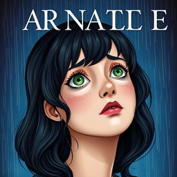 A realistic book cover featuring the main character with medium wavy black hair, fair skin, well-defined lips, a slightly upturned nose, striking green eyes, long eyelashes, a fringe, and subtle freckles