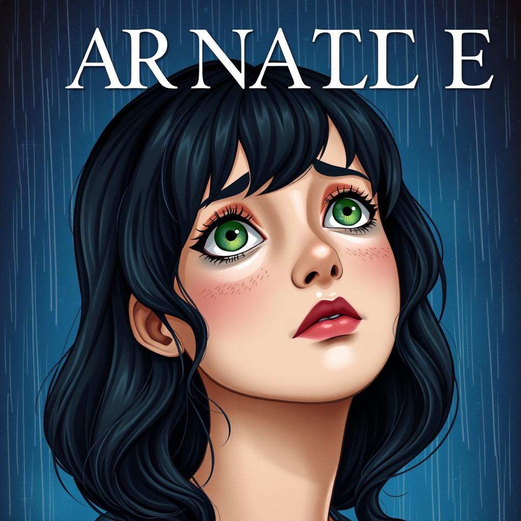 A realistic book cover featuring the main character with medium wavy black hair, fair skin, well-defined lips, a slightly upturned nose, striking green eyes, long eyelashes, a fringe, and subtle freckles