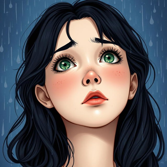 A realistic book cover featuring the main character with medium wavy black hair, fair skin, well-defined lips, a slightly upturned nose, striking green eyes, long eyelashes, a fringe, and subtle freckles