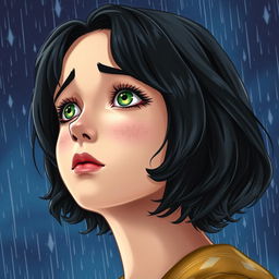 A realistic book cover featuring the main character with medium wavy black hair, fair skin, well-defined lips, a slightly upturned nose, striking green eyes, long eyelashes, a fringe, and subtle freckles