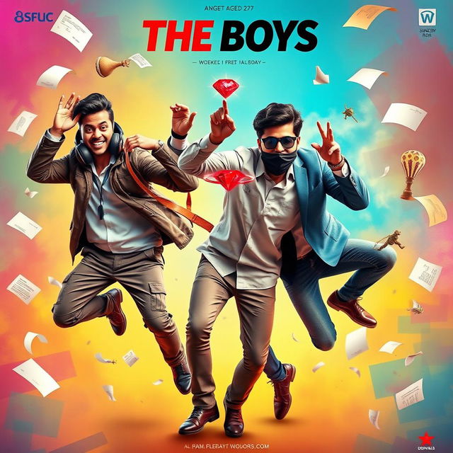 A vibrant and humorous cinematic poster titled "The Boys" featuring three modern Indian men, all aged 27