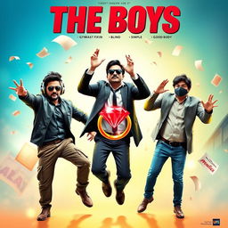 A vibrant and humorous cinematic poster titled "The Boys" featuring three modern Indian men, all aged 27