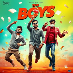 A vibrant and humorous cinematic poster titled "The Boys" featuring three modern Indian men, all aged 27