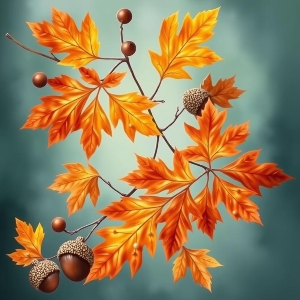 A beautiful and vibrant wallpaper design featuring large oak autumn leaves and acorns