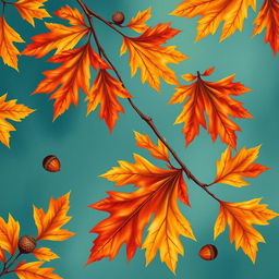 A beautiful and vibrant wallpaper design featuring large oak autumn leaves and acorns